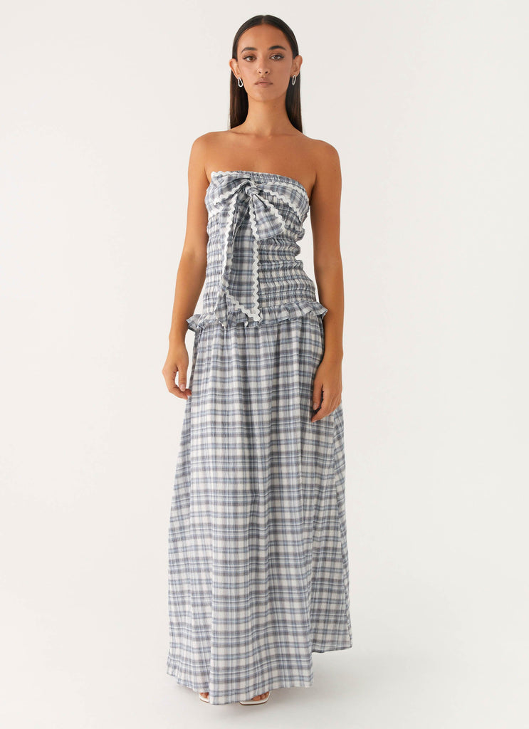 Malia Shirred Maxi Dress - Blue Grey Check