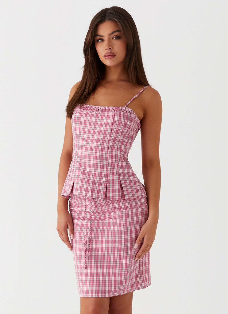 Womens Mamita Ruched Top in the colour Pink Check in front of a light grey background