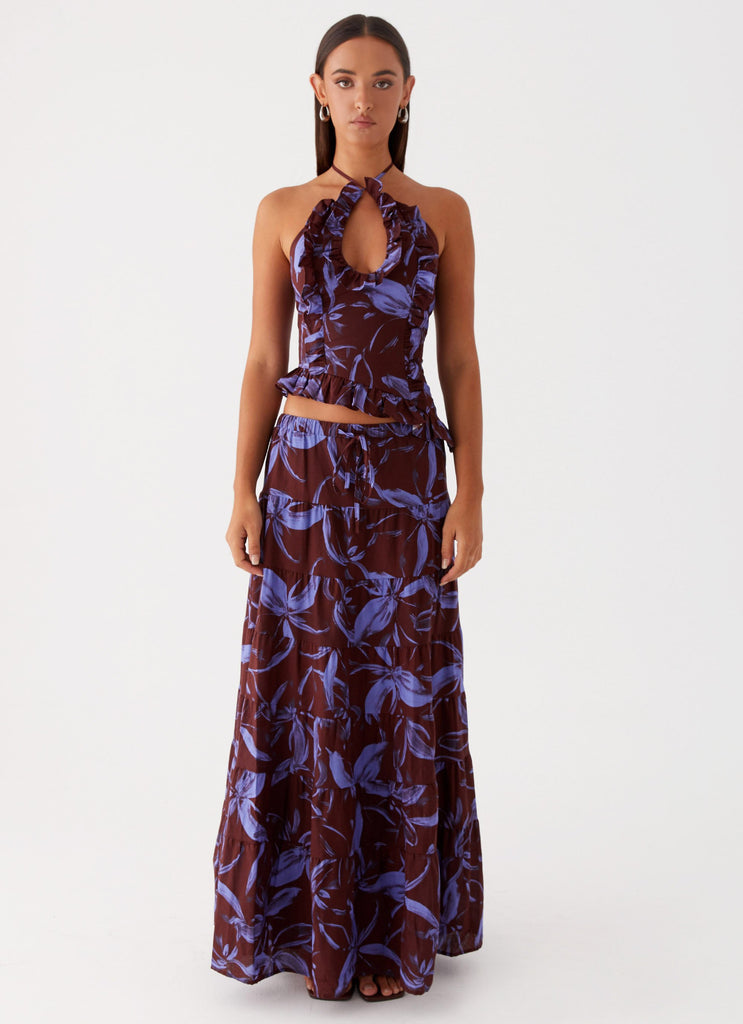 Womens Mariella Linen Maxi Skirt in the colour Purple Brown Floral in front of a light grey background