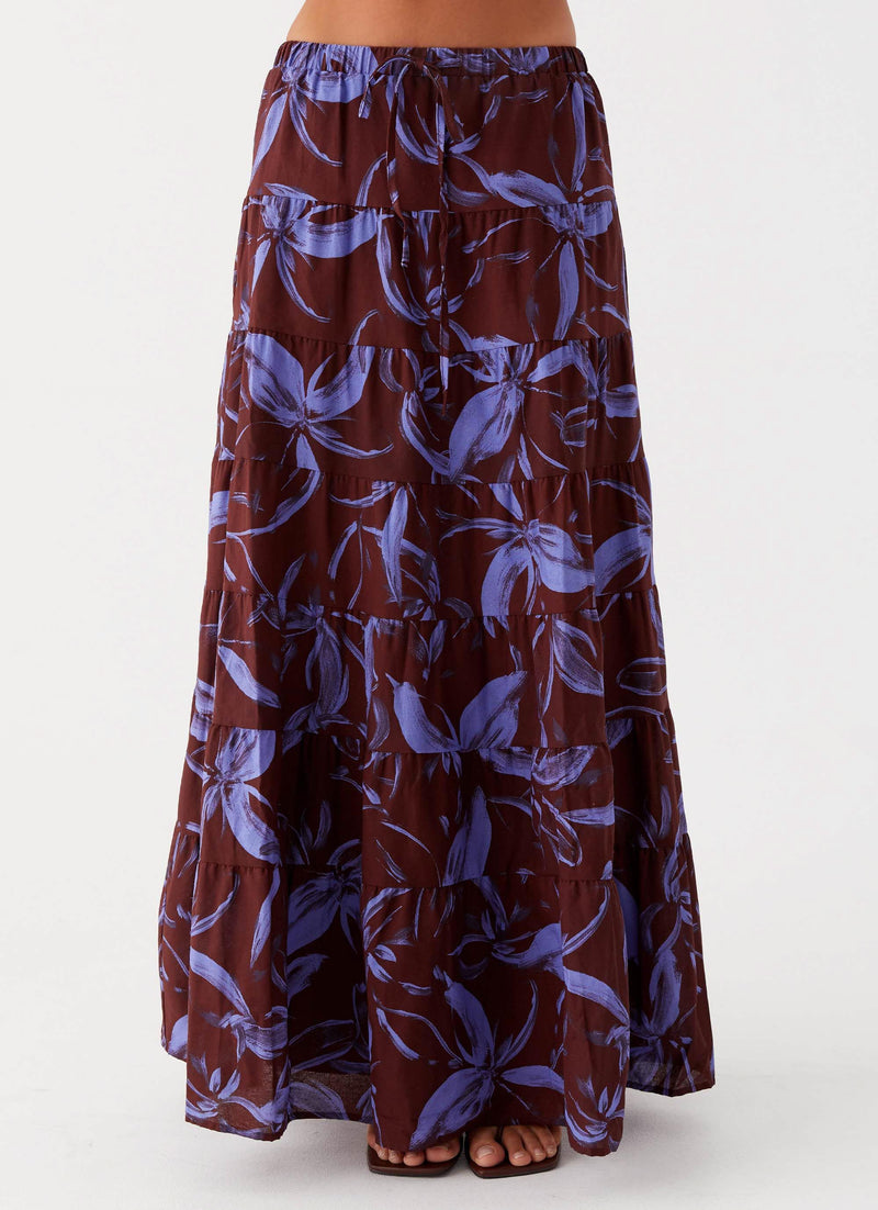 Womens Mariella Linen Maxi Skirt in the colour Purple Brown Floral in front of a light grey background