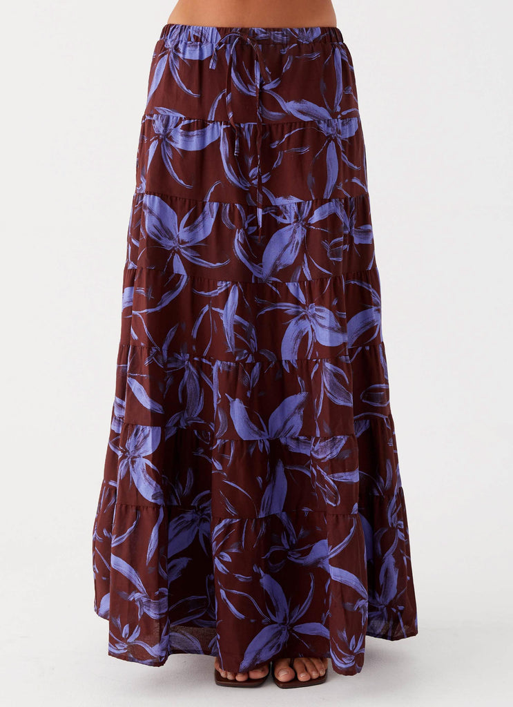 Womens Mariella Linen Maxi Skirt in the colour Purple Brown Floral in front of a light grey background
