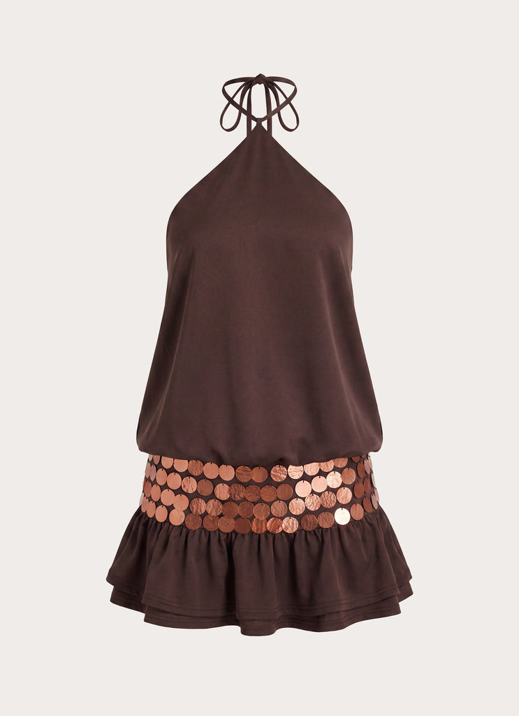 Melosa Beaded Halter Mini Dress - Chocolate