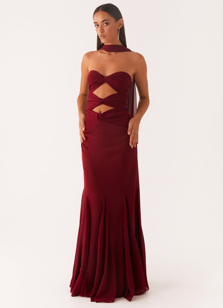 Melrose Satin Chiffon Maxi Dress - Deep Red Peppermayo Melrose Satin Chiffon Maxi Dress - Deep Red Peppermayo