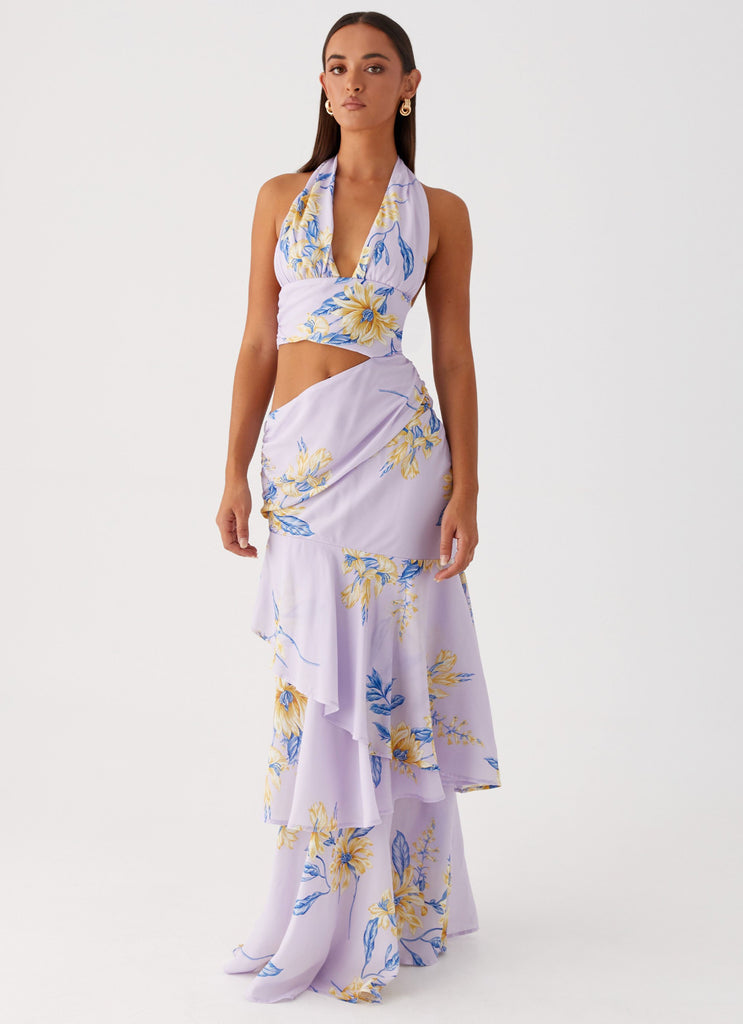 Womens Mikayla Maxi Dress in the colour Lavender in front of a light grey background