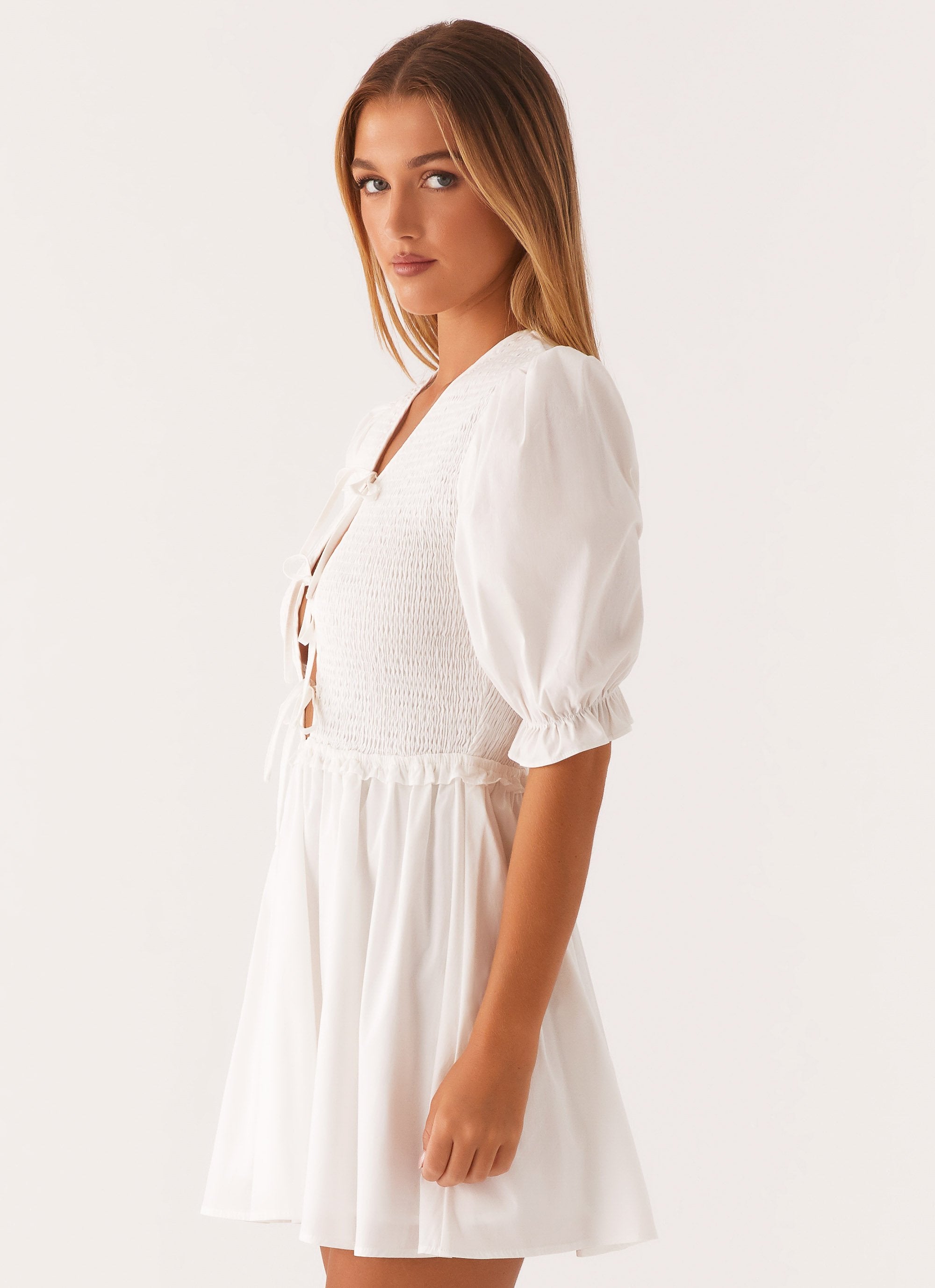 Milana Shirred Puff Sleeve Mini Dress - White – Peppermayo