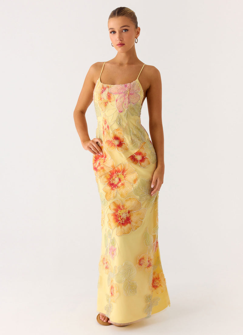 Morning Light Beaded Maxi Dress - Yellow Floral Beaded
