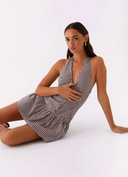 New Look Shirred Halter Mini Dress - Chocolate Gingham – Peppermayo