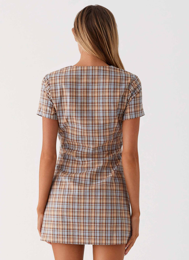 Womens Niki Cap Sleeve Mini Dress in the colour Check in front of a light grey background