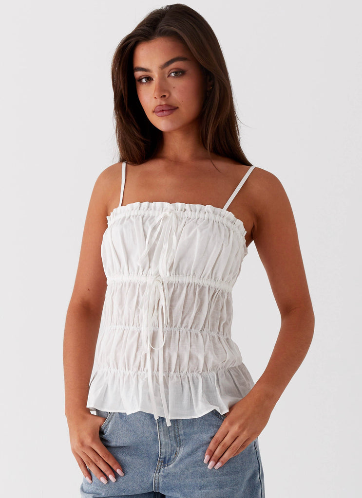 Womens Novelle Ruched Top in the colour White in front of a light grey background