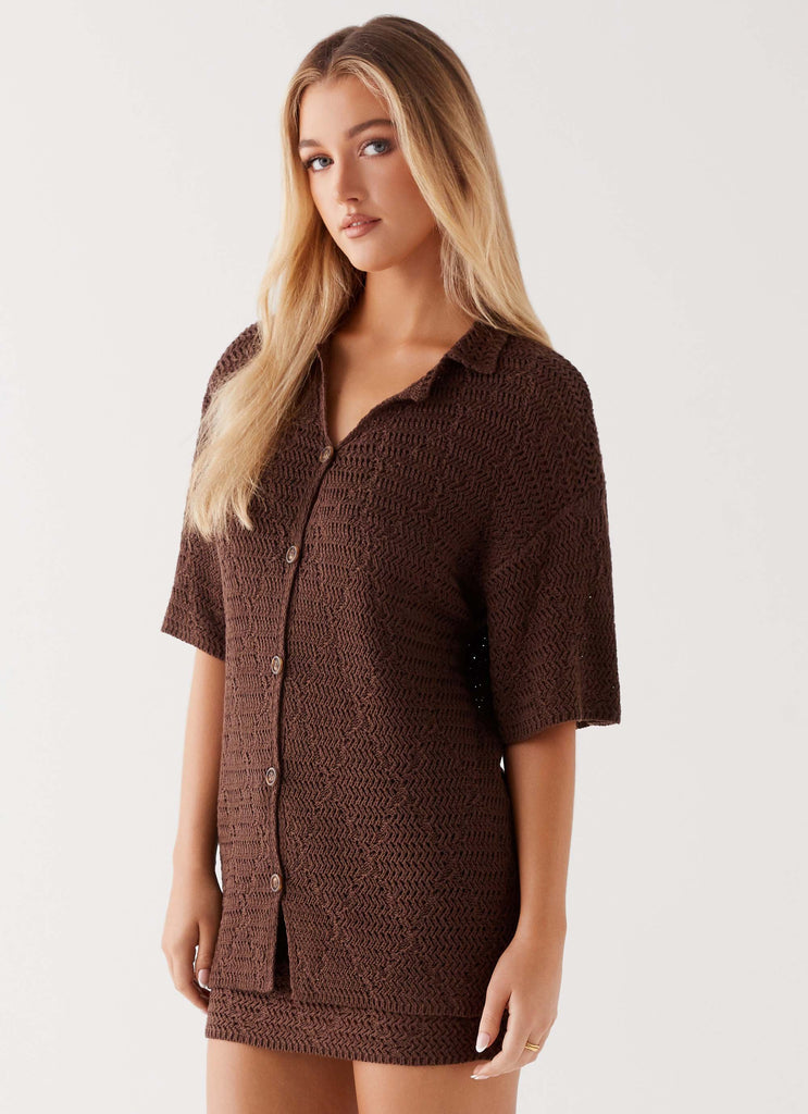 Womens Nylah Oversized Crochet Shirt in the colour Chocolate in front of a light grey background