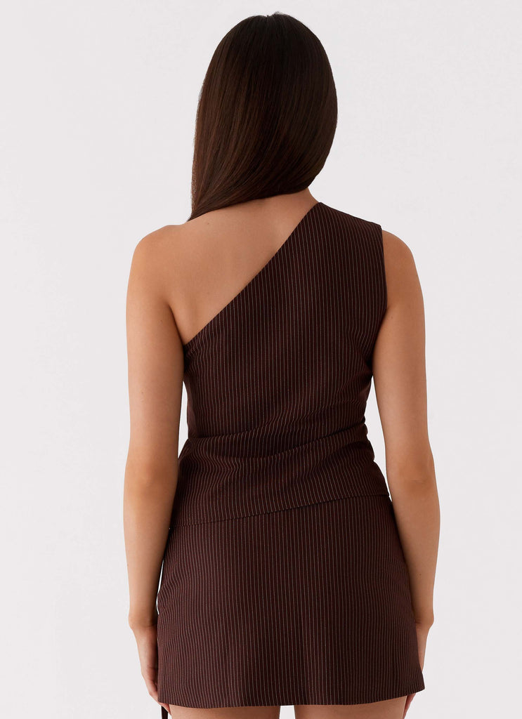 Womens Orla One Shoulder Top in the colour Chocolate in front of a light grey background