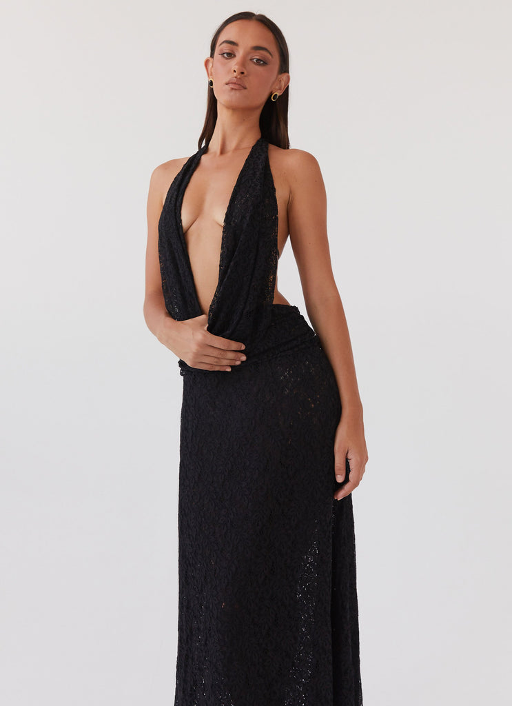 Womens Elysia Lace Maxi Dress in the colour Black in front of a light grey background