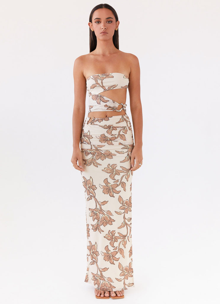 Womens Into Pieces Mesh Maxi Dress in the colour Hazel Bloom in front of a light grey background