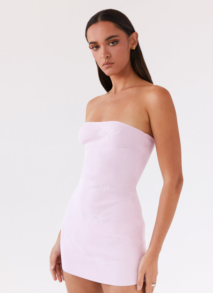 Womens Ashton Strapless Knit Mini Dress in the colour Pink in front of a light grey background