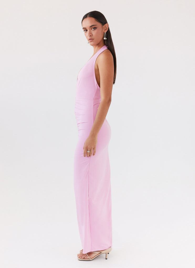 Womens Whisked Away Halterneck Maxi Dress in the colour Pink in front of a light grey background