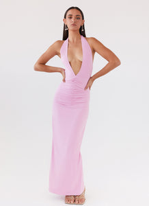 Womens Whisked Away Halterneck Maxi Dress in the colour Pink in front of a light grey background