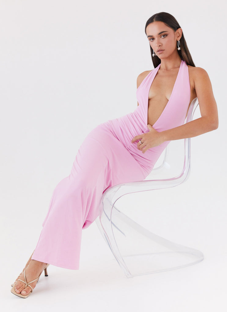 Womens Whisked Away Halterneck Maxi Dress in the colour Pink in front of a light grey background