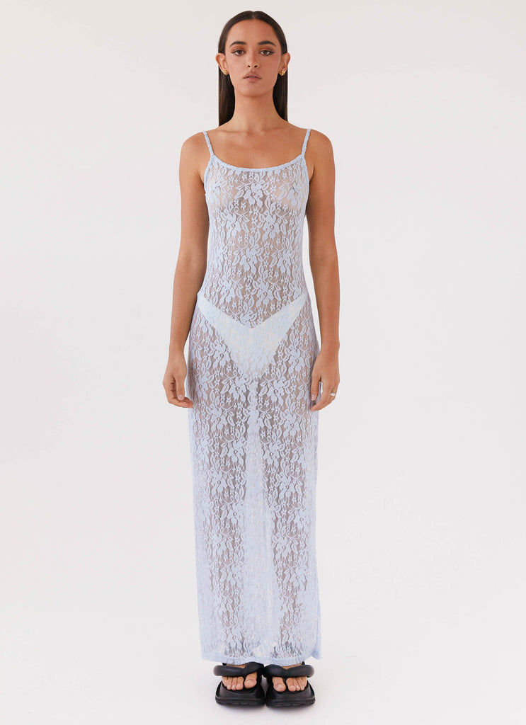 Womens Gravity Lace Maxi Dress in the colour Baby Blue in front of a light grey background