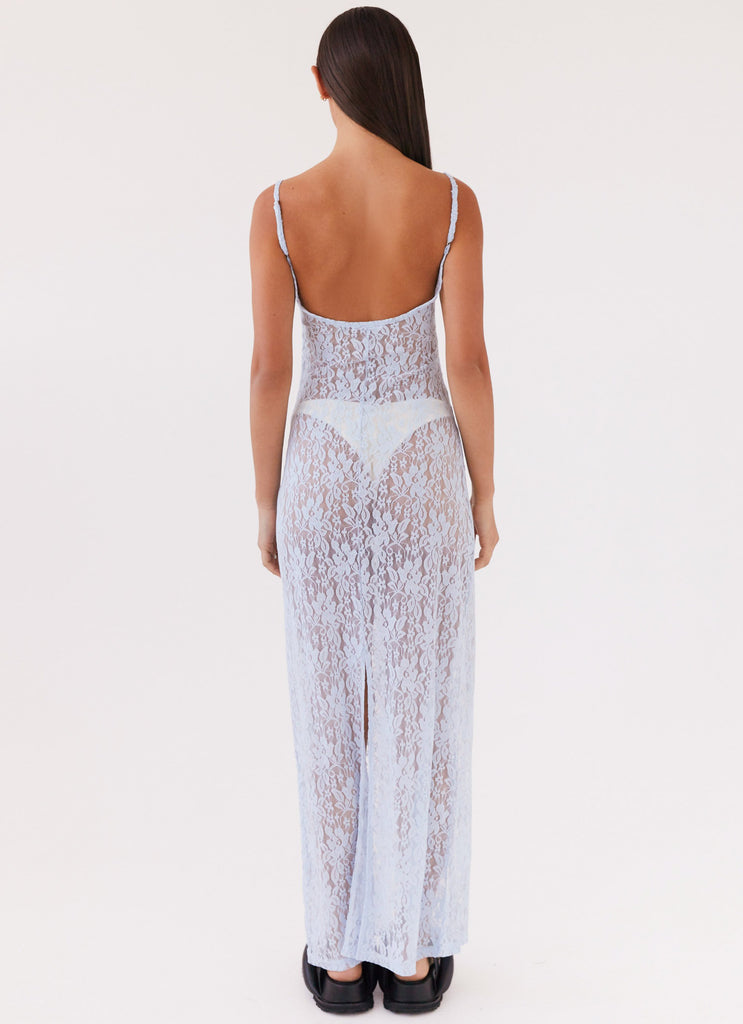 Womens Gravity Lace Maxi Dress in the colour Baby Blue in front of a light grey background