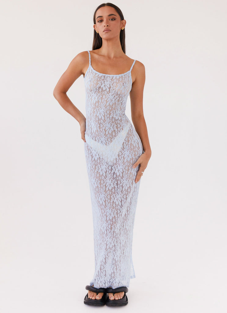 Womens Gravity Lace Maxi Dress in the colour Baby Blue in front of a light grey background