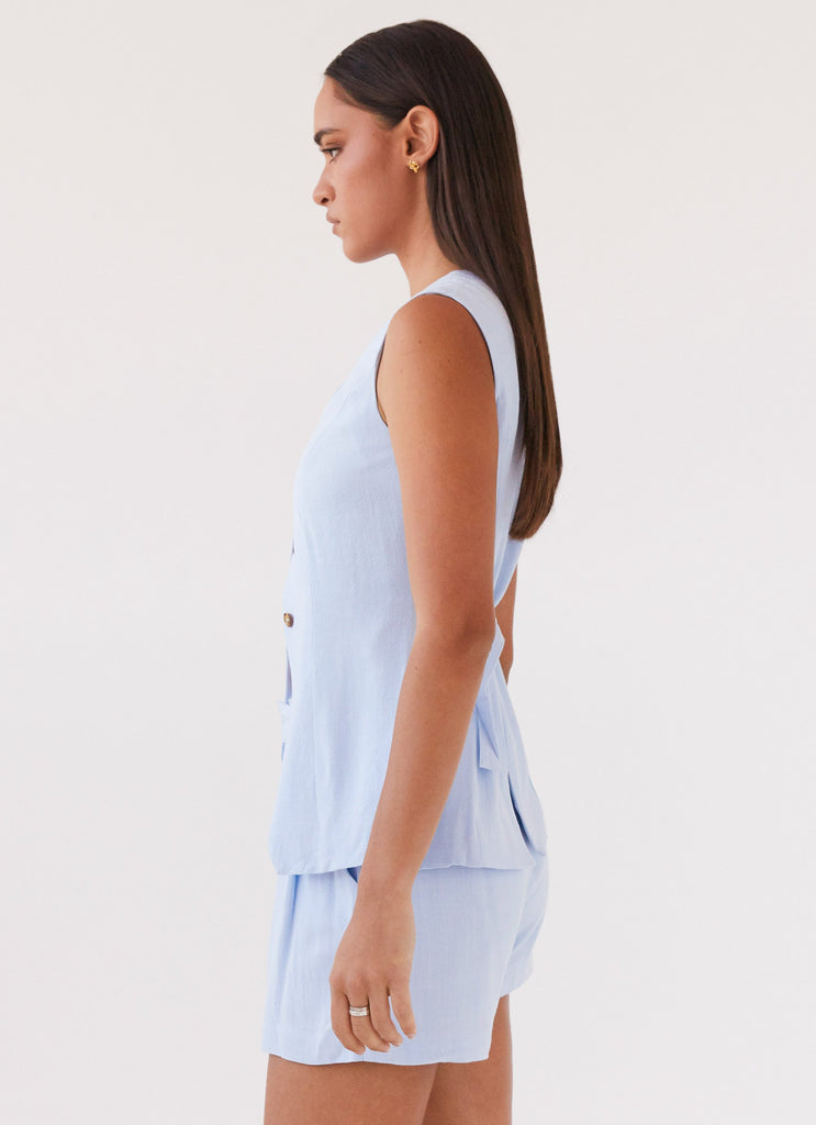 Womens Born For Bordeaux Linen Vest in the colour Blue in front of a light grey background