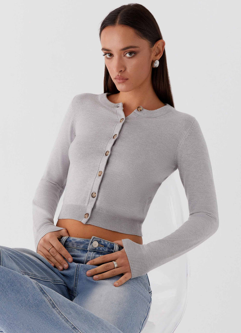 Womens Selby Knit Cardigan in the colour Grey in front of a light grey background