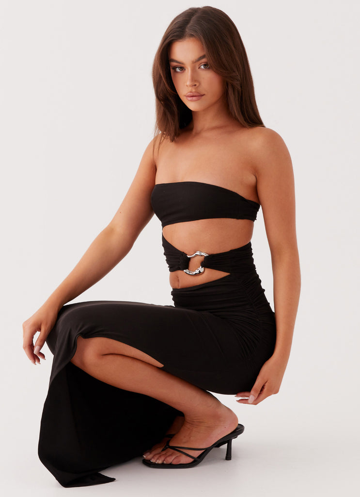 Womens Into Pieces Mesh Maxi Dress in the colour Black in front of a light grey background