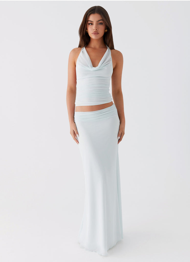 Womens Rayne Maxi Skirt in the colour Sage in front of a light grey background