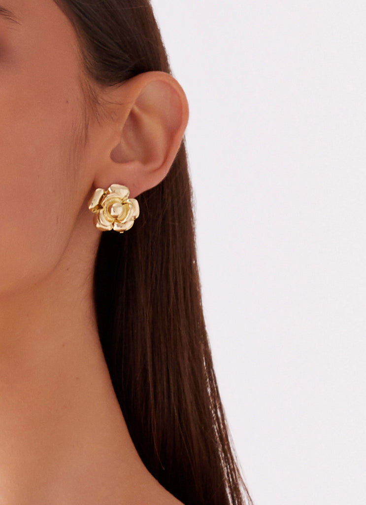 Womens Pretty In Bloom Earrings in the colour Gold in front of a light grey background