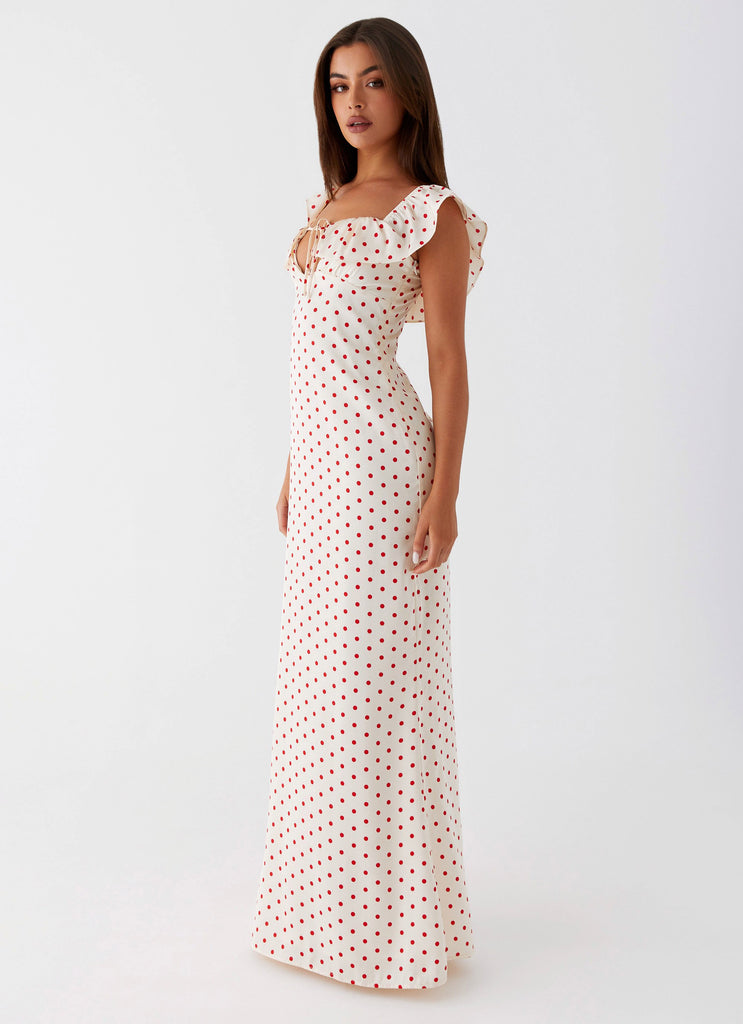 Womens Scarlet Cherry Maxi Dress in the colour Red Polka Dot in front of a light grey background