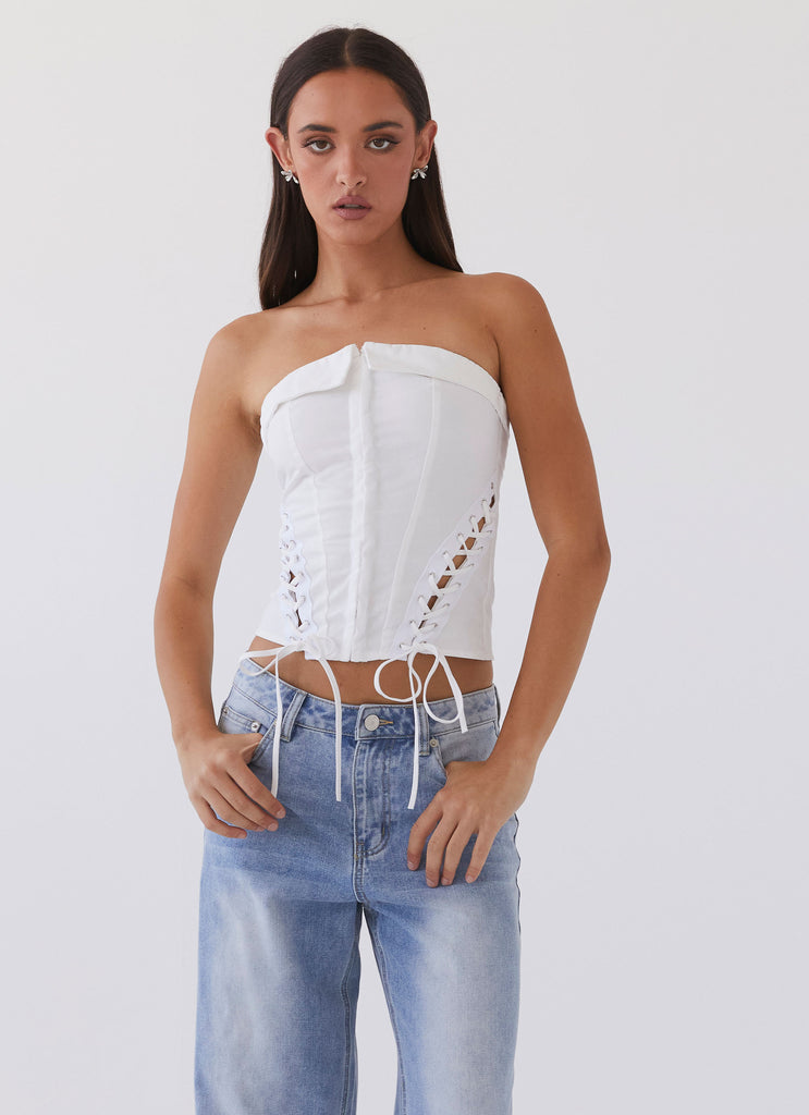 Womens Be My Soulmate Bustier Top in the colour White in front of a light grey background