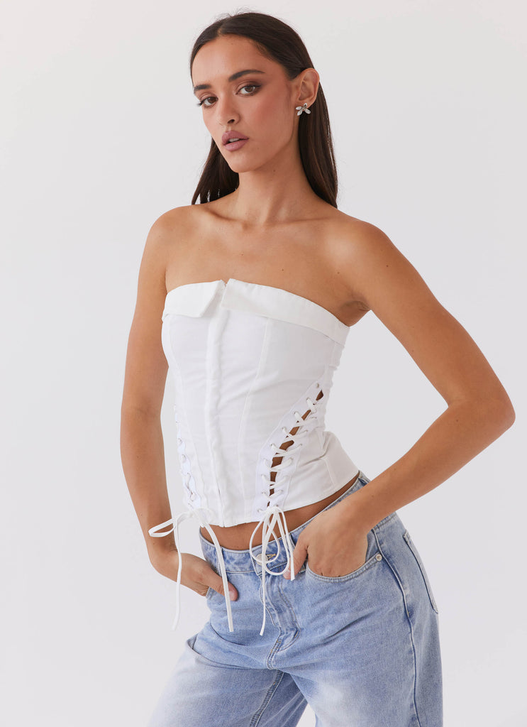 Womens Be My Soulmate Bustier Top in the colour White in front of a light grey background