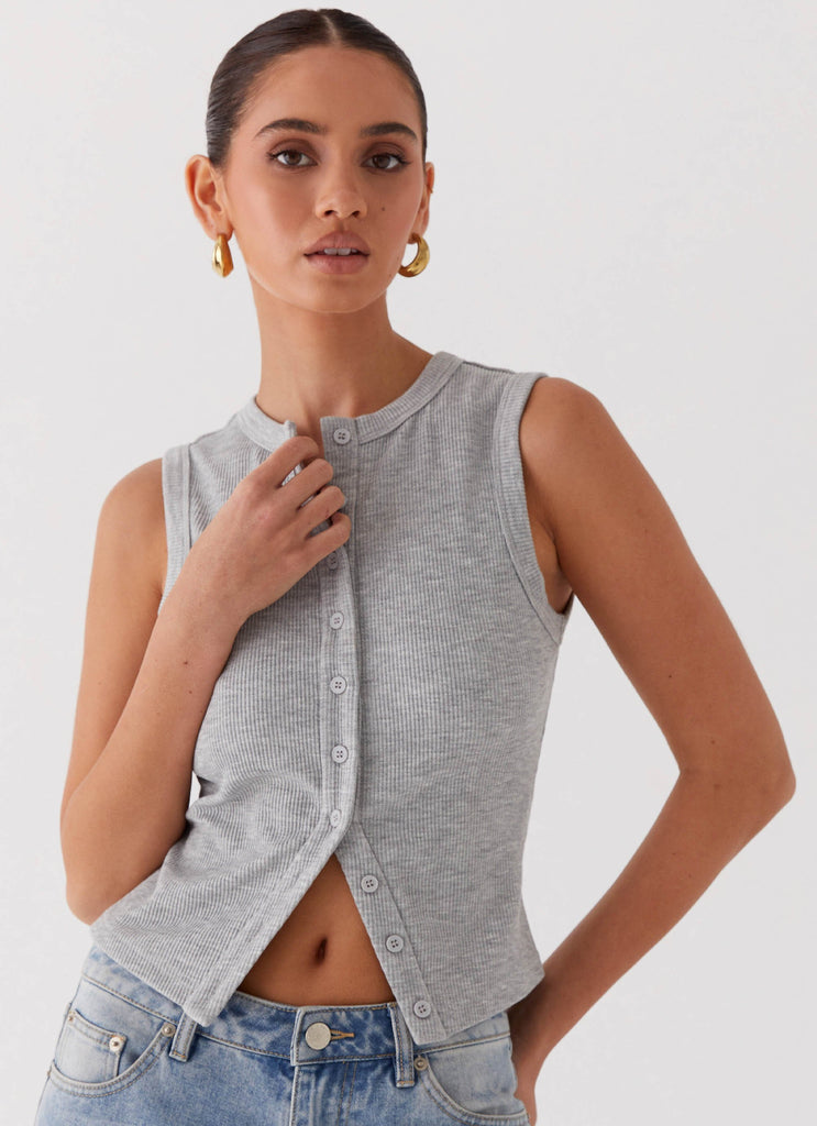 Womens Blair Buttoned Tank Top in the colour Grey Marle in front of a light grey background