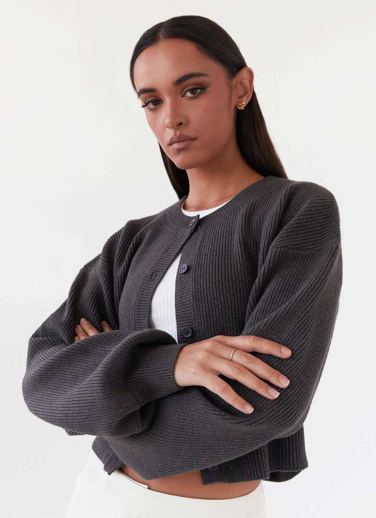 Womens Daphne Knit Cardigan in the colour Charcoal in front of a light grey background