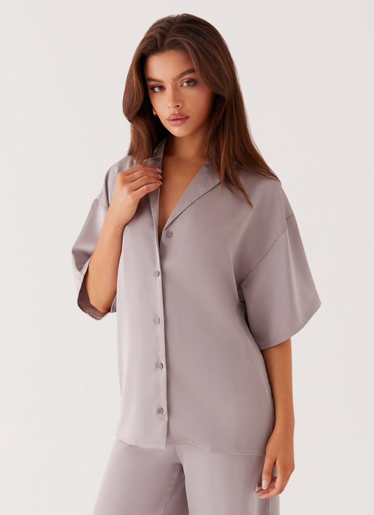 Womens Palm Cove Satin Shirt in the colour Grey in front of a light grey background