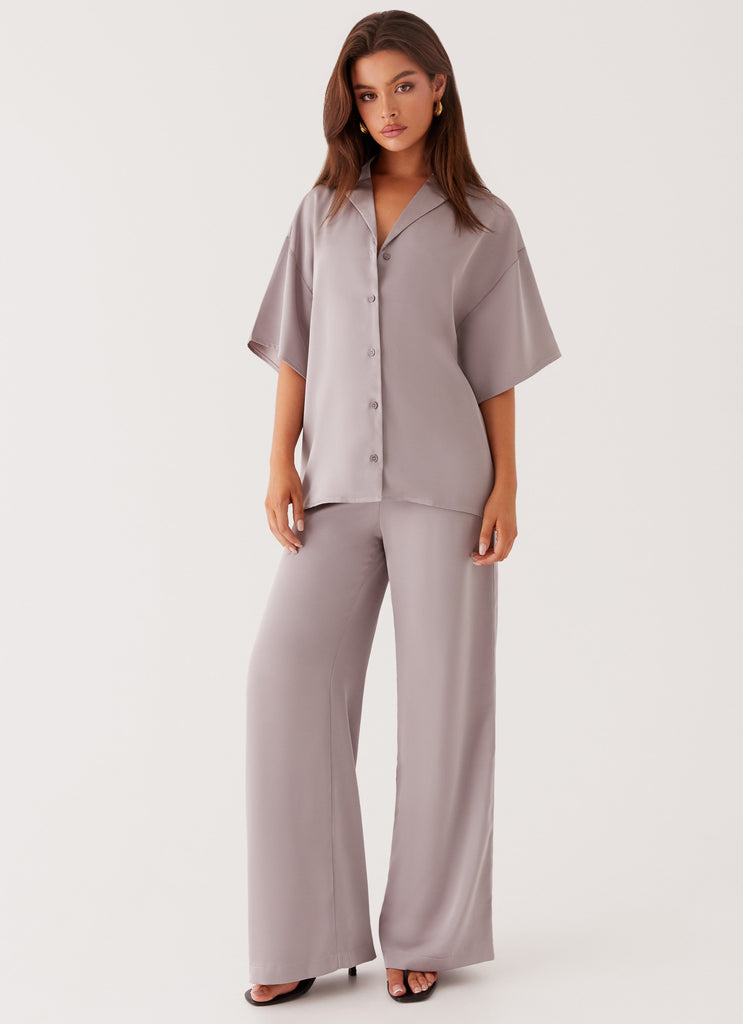 Womens Palm Cove Satin Shirt in the colour Grey in front of a light grey background