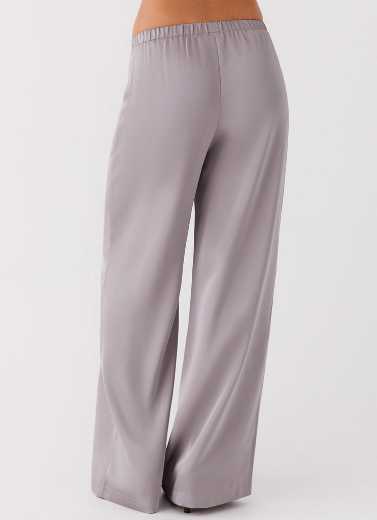 Womens Palm Cove Satin Pants in the colour Grey in front of a light grey background