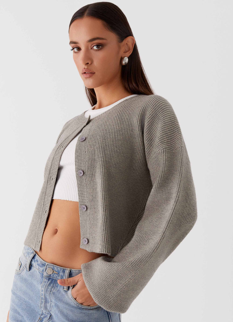 Womens Daphne Knit Cardigan in the colour Light Grey in front of a light grey background