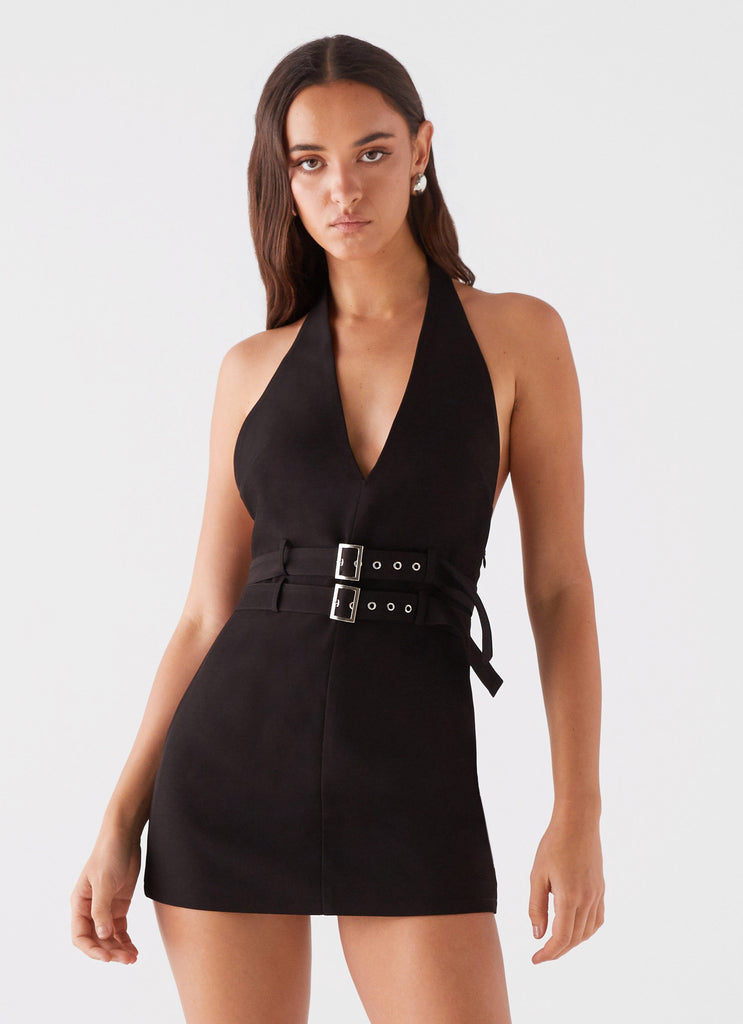 Womens Highway Life Halter Mini Dress in the colour Black in front of a light grey background