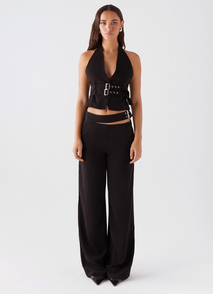 Womens The After Party Cut Out Belt Pants in the colour Black in front of a light grey background