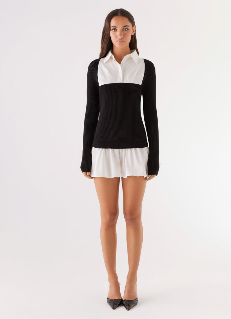 Womens Somerville Knitted Shirt Dress in the colour Black/White in front of a light grey background