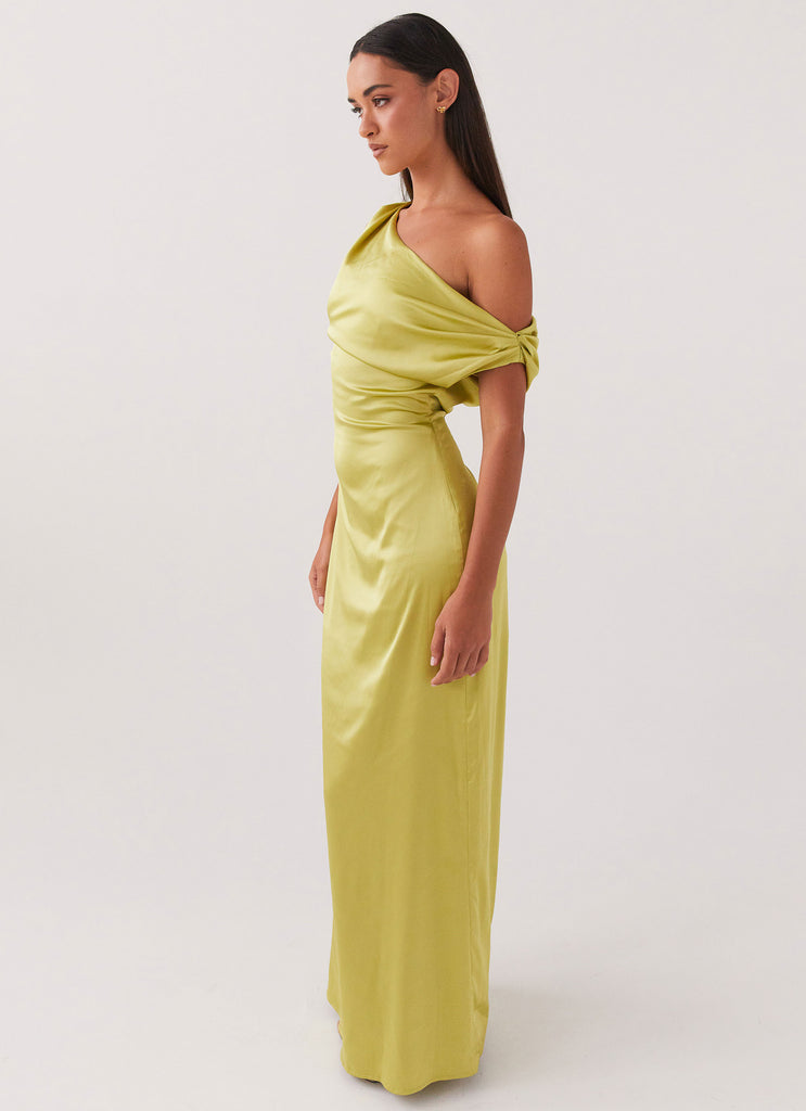 Womens Heart Of Glass Satin Maxi Dress in the colour Chartreuse in front of a light grey background