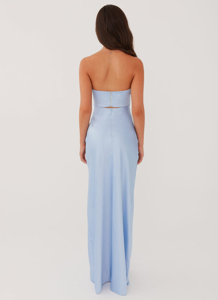 Womens Tianna Strapless Maxi Dress in the colour Ice Blue in front of a light grey background