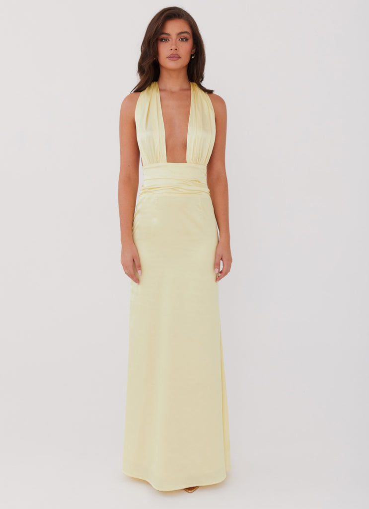 Womens Lovelust Halterneck Maxi Dress in the colour Lemon in front of a light grey background