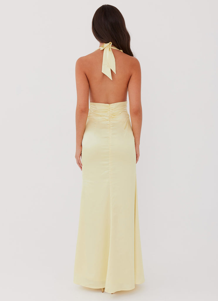 Womens Lovelust Halterneck Maxi Dress in the colour Lemon in front of a light grey background