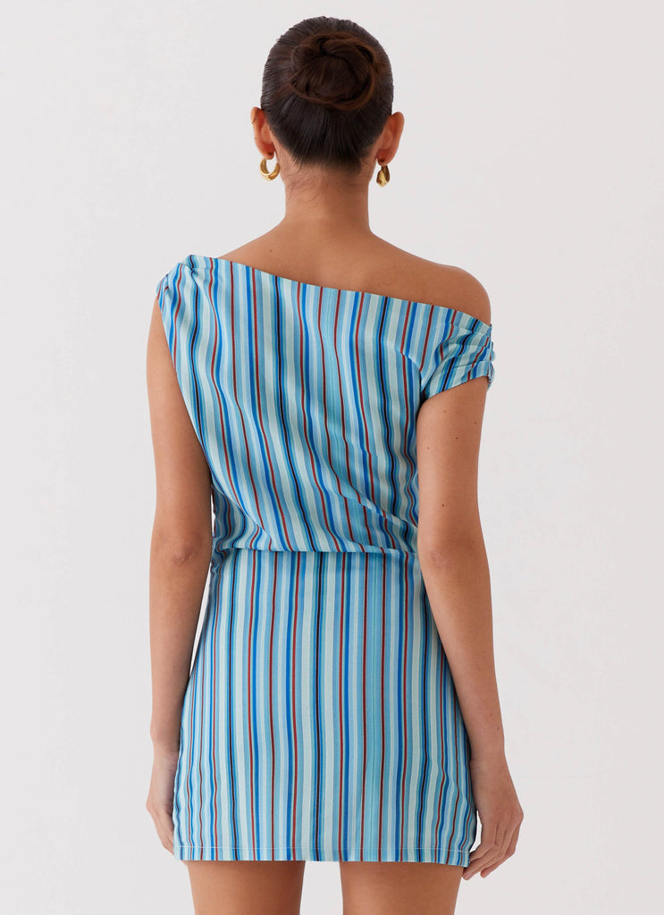 Womens Saona Off Shoulder Mini Dress in the colour Blue Stripe in front of a light grey background