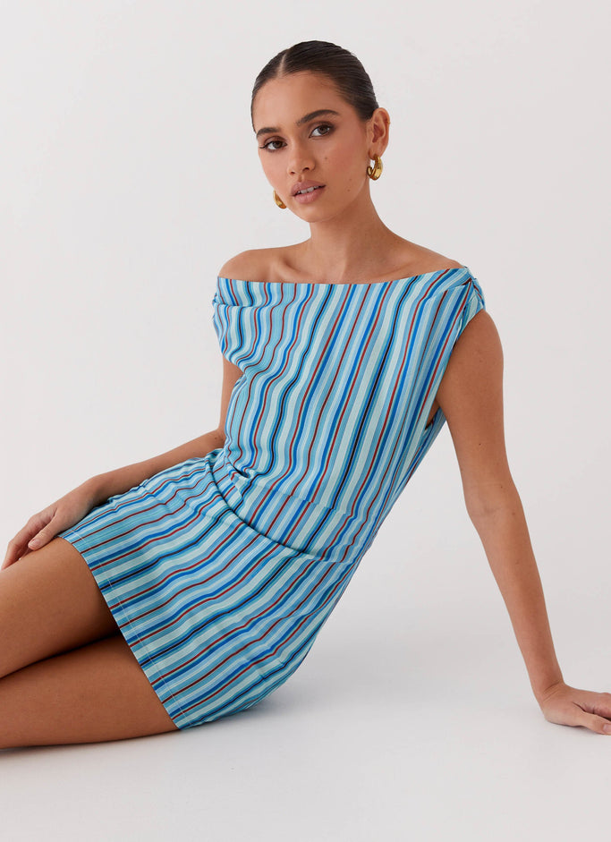 Saona Off Shoulder Mini Dress - Blue Stripe