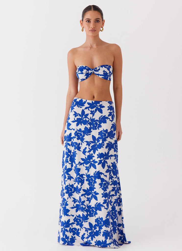 Womens Sky Gaze Low Rise Maxi Skirt in the colour Blue Floral in front of a light grey background