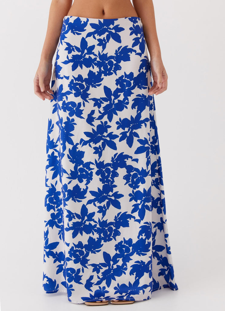 Womens Sky Gaze Low Rise Maxi Skirt in the colour Blue Floral in front of a light grey background