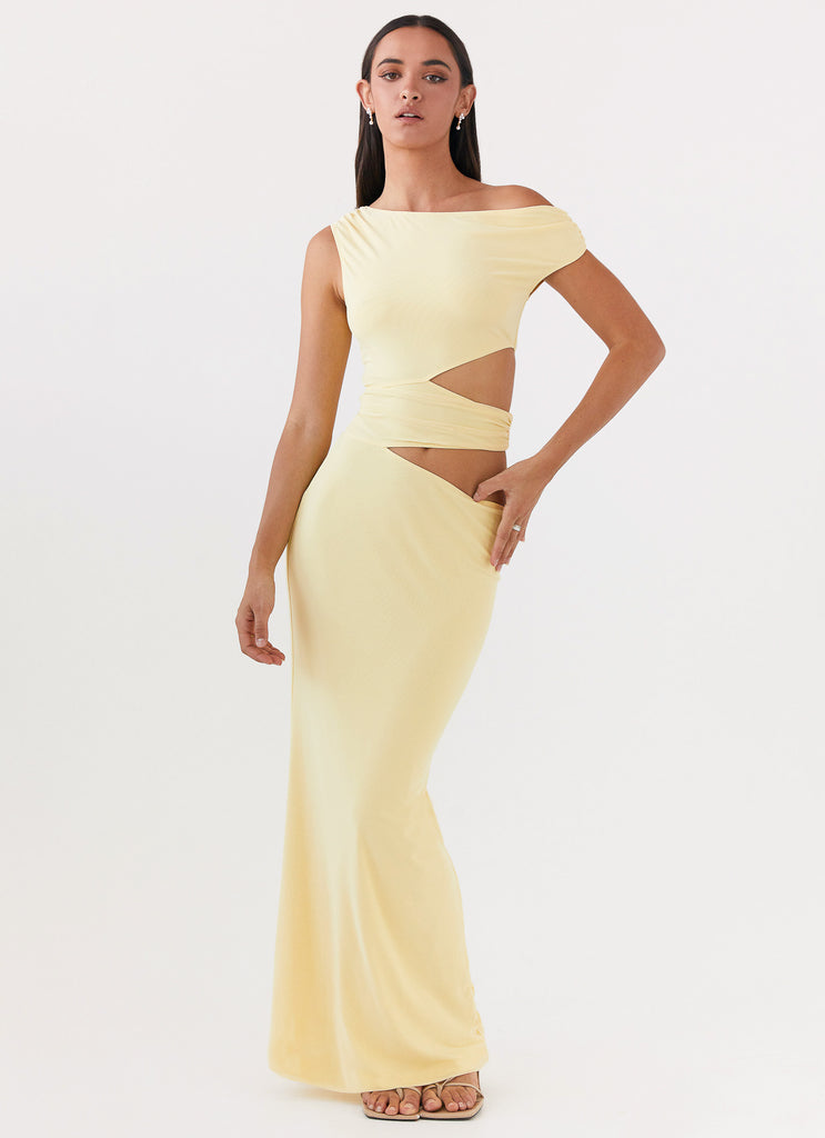 Womens Margot One Shoulder Maxi Dress in the colour Yellow in front of a light grey background